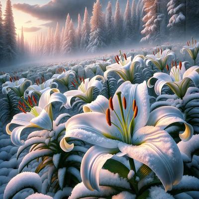 The primary subject of the image is a field of white flowers, likely lilies, with snow covering the ground. The setting is a snowy forest, creating a serene and wintry atmosphere. The visual style is a digital art or illustration, with the flowers and snow being depicted in a detailed and realistic manner. The dominant colors are white and snowy shades, with the flowers adding a touch of color and life to the scene.